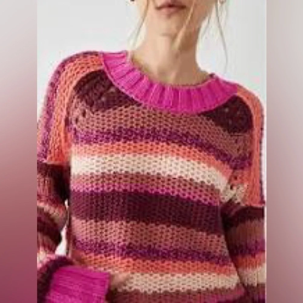 Free People Devon Sweater in Fuchsia Rose Combo. NWT Size Medium. - Picture 3 of 6